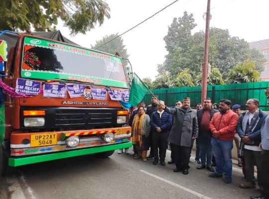 Two trucks carrying food, logistics, clothes and blankets for Joshimath disaster victims left from Haldwani, flagged off by Ajay Bhatt