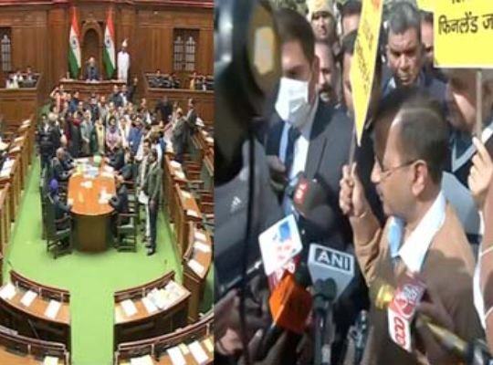 Three-day session of Delhi Assembly adjourned after uproar, AAP MLAs march to LG House