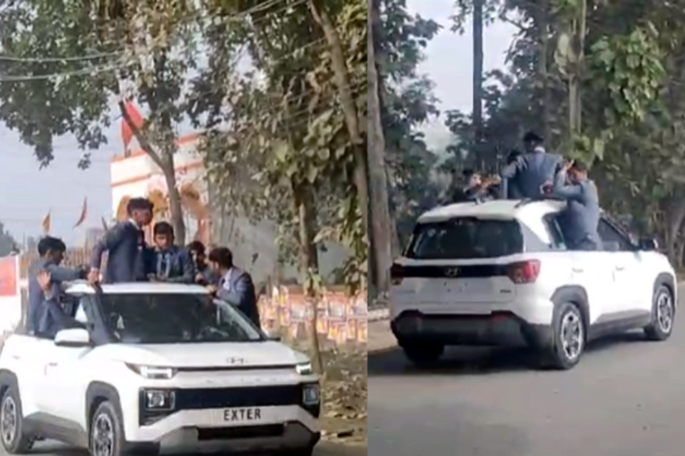 Trouble for school children in Rudrapur! Stunt performed by climbing on top of car, police took cognizance of viral video