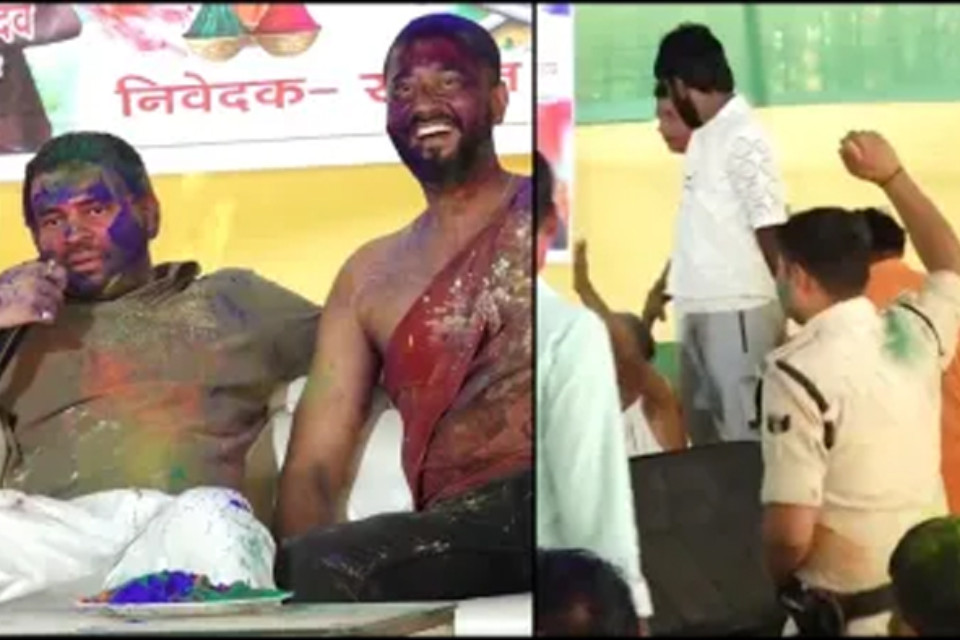 Hey cop...! If you don't dance, you will be suspended....? Tej Pratap Yadav made a policeman dance in uniform on Holi, politics heated up