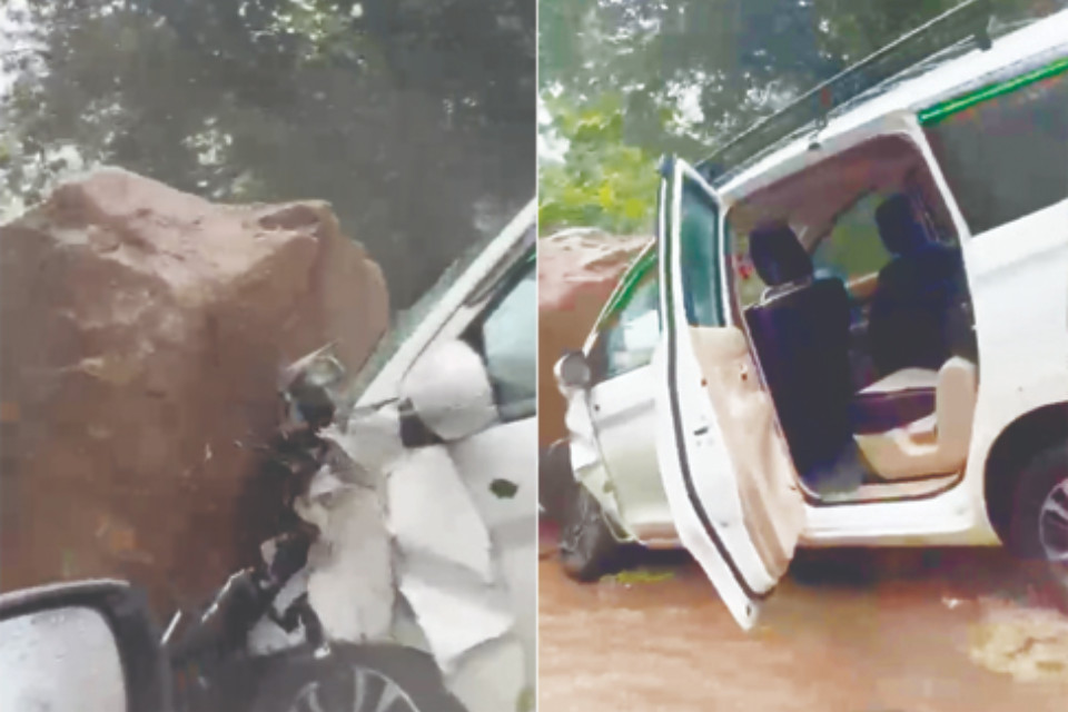 Rain wreaks havoc in Uttarakhand! A boulder fell on a taxi on the Nainital Haldwani road, people narrowly escaped death