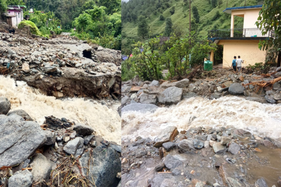  Rainstorm: Cloudburst in Nandanagar, Chamoli, causes massive devastation! Several houses are completely damaged, and seven people are missing.