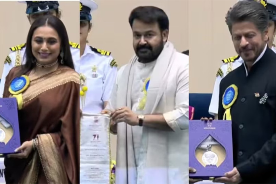 Big news: Film stars honored at the 71st National Film Awards! Shah Rukh Khan and Rani Mukerji receive National Awards, and Mohanlal receives the Dadasaheb Phalke Award.