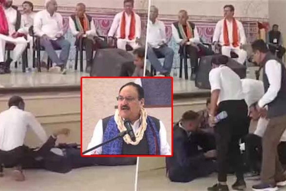 BJP's culture: A security guard faints and falls to the ground! JP Nadda continues his speech, and the viral video sparks political controversy.